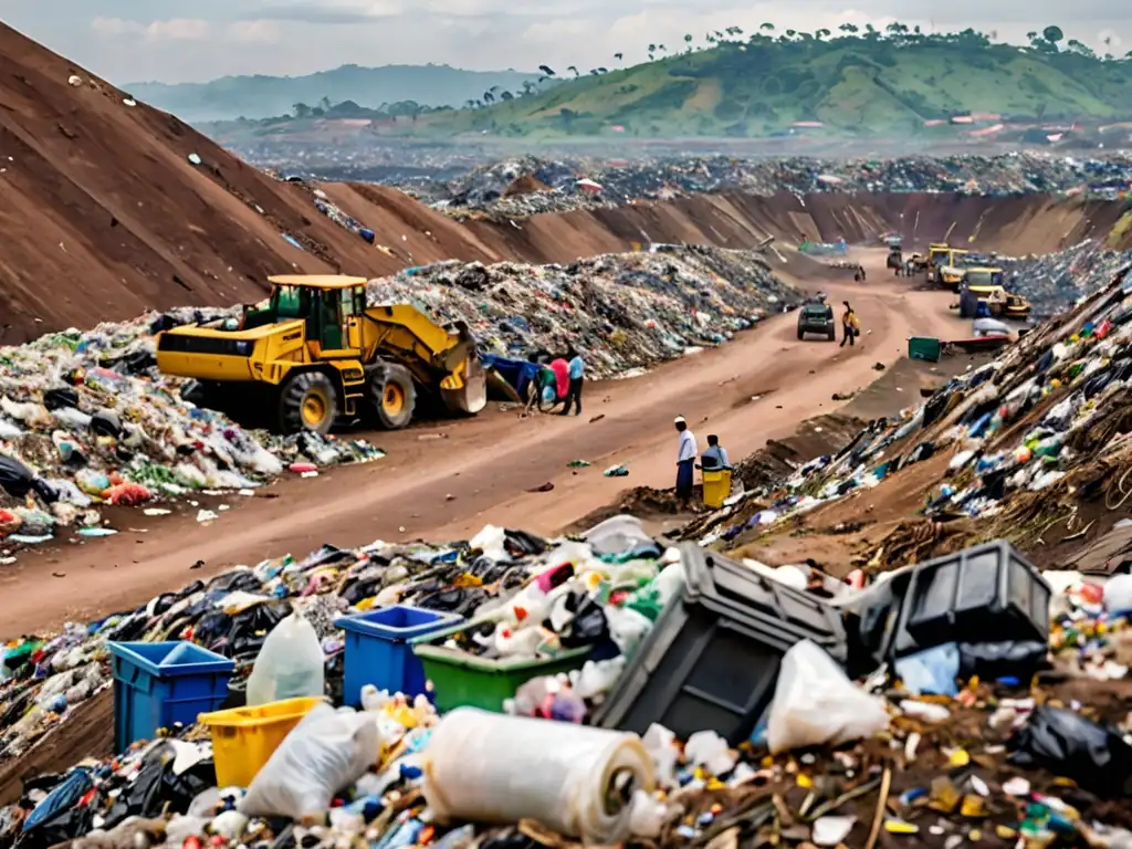 Vertedero en América Latina con residuos mezclados, maquinaria compactando basura, cielo con contaminación