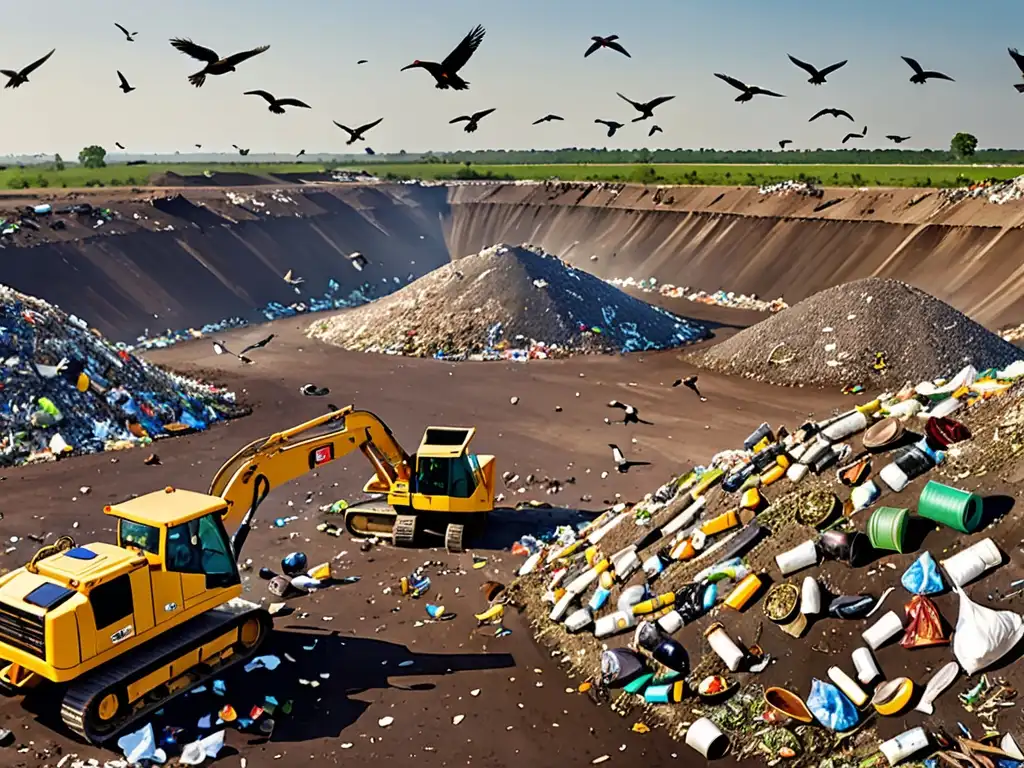 Un vertedero con montañas de basura, aves carroñeras y trabajadores entre desechos