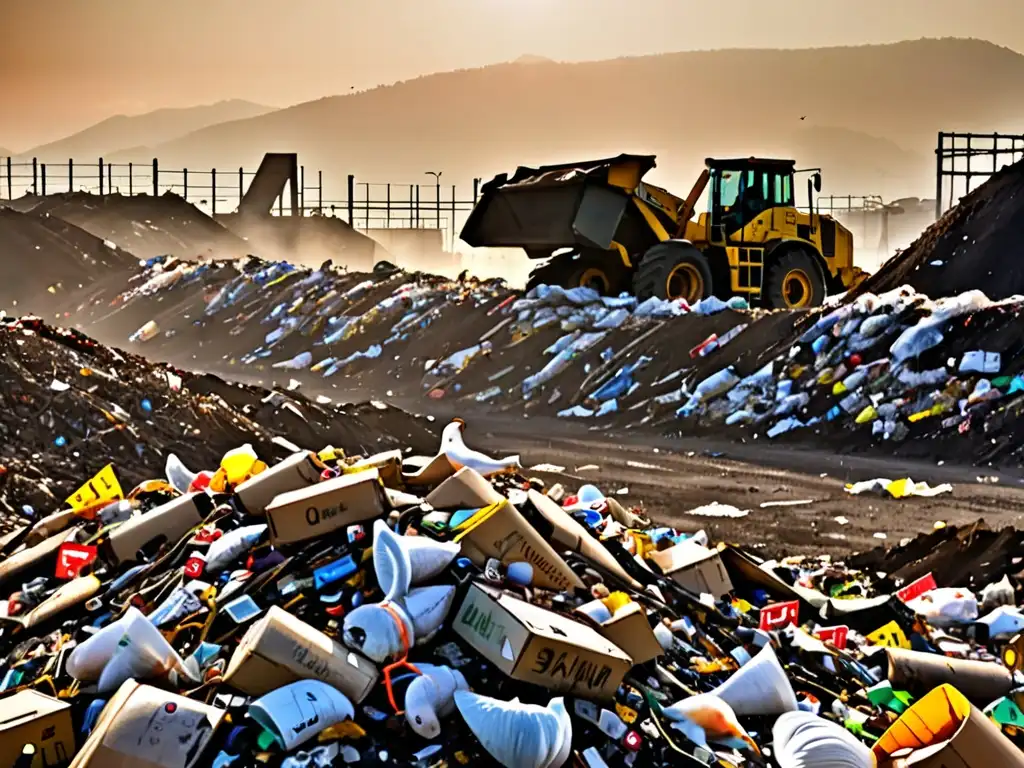 Un vertedero con montañas de basura, maquinaria pesada y letreros de advertencia