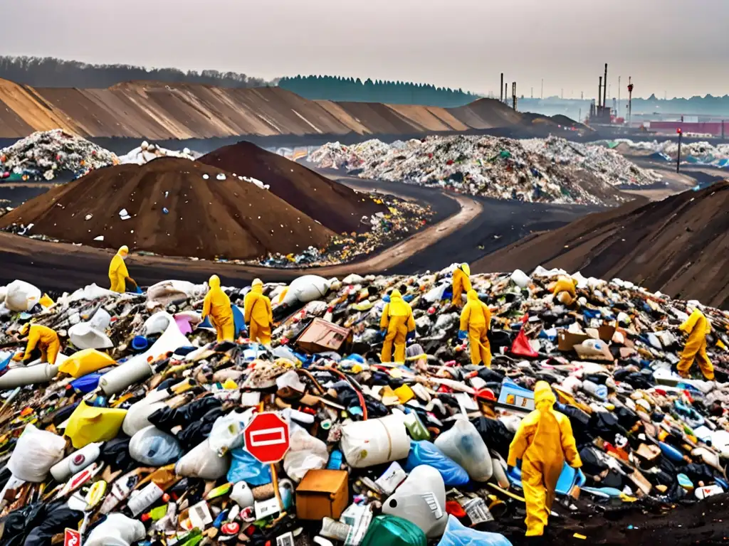 Un vertedero con montañas de basura, señales de peligro y trabajadores con trajes de protección