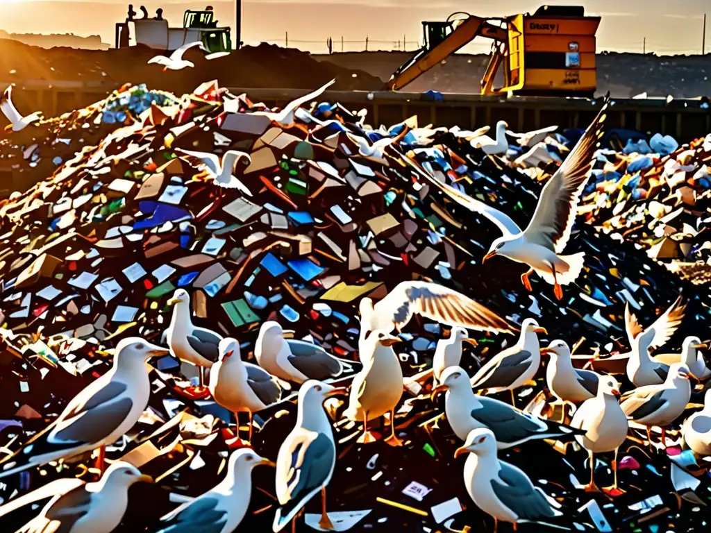 Un vertedero rebosante de desechos, gaviotas sobrevolando y trabajadores clasificando, contrastando con un atardecer cálido