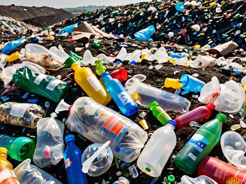 Un vertedero rebosante de desechos plásticos de un solo uso, con bolsas y botellas apiladas en capas