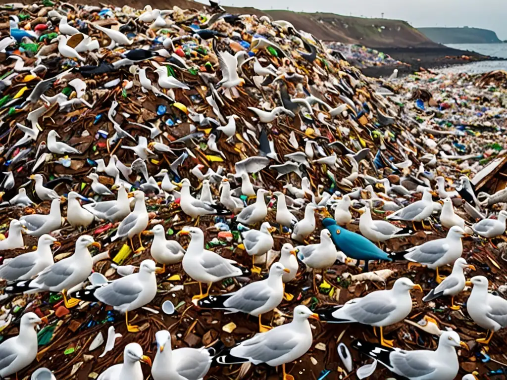 Un vertedero rebosante de desechos plásticos de un solo uso en diferentes estados de descomposición, con aves marinas revoloteando alrededor