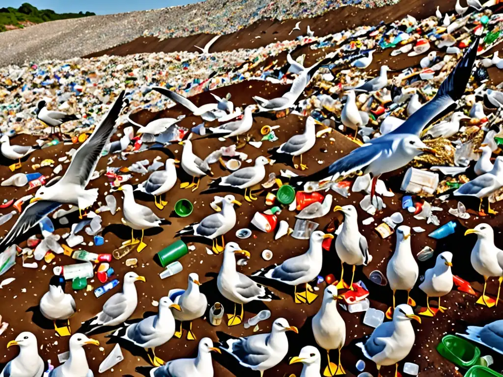 Un vertedero rebosante de desechos plásticos, con aves marinas y vida silvestre buscando alimento entre la basura