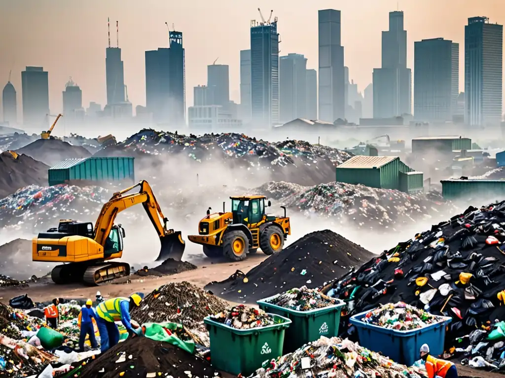 Un vertedero urbano bullicioso con trabajadores clasificando desechos, maquinaria pesada compactando basura y un fondo de edificios envueltos en una bruma de contaminación