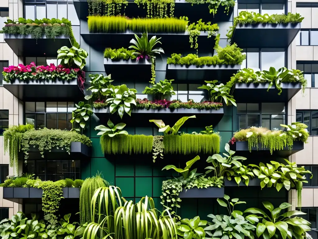 Jardín vertical en edificio urbano, muestra armonía entre naturaleza y arquitectura