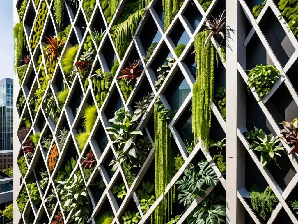 Un jardín vertical exuberante y vibrante en un edificio urbano moderno, cumpliendo con las normativas de jardines verticales en derecho ambiental