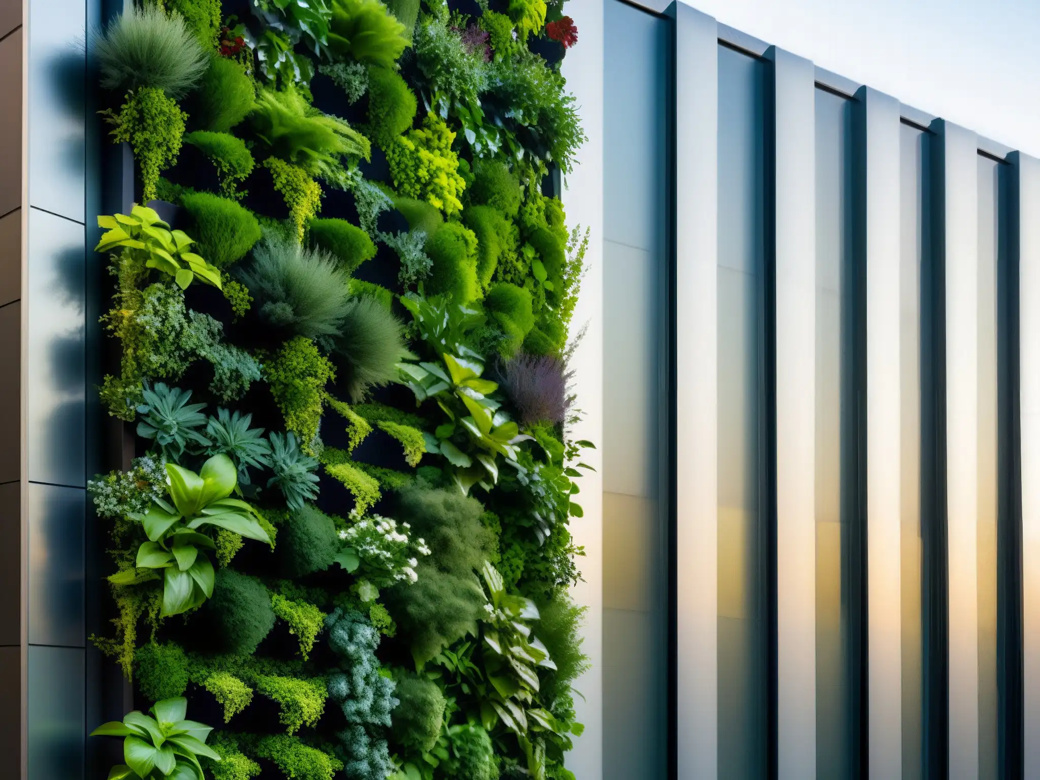 Un jardín vertical moderno y elegante en un edificio urbano, con exuberante vegetación y diseño innovador