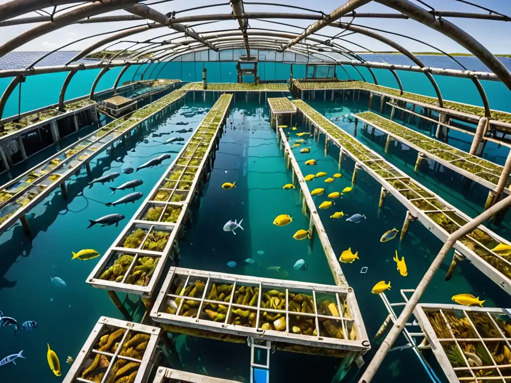 Vibrante acuicultura biotecnológica en armonía con el mar, mostrando diversa vida marina entre las estructuras acuáticas