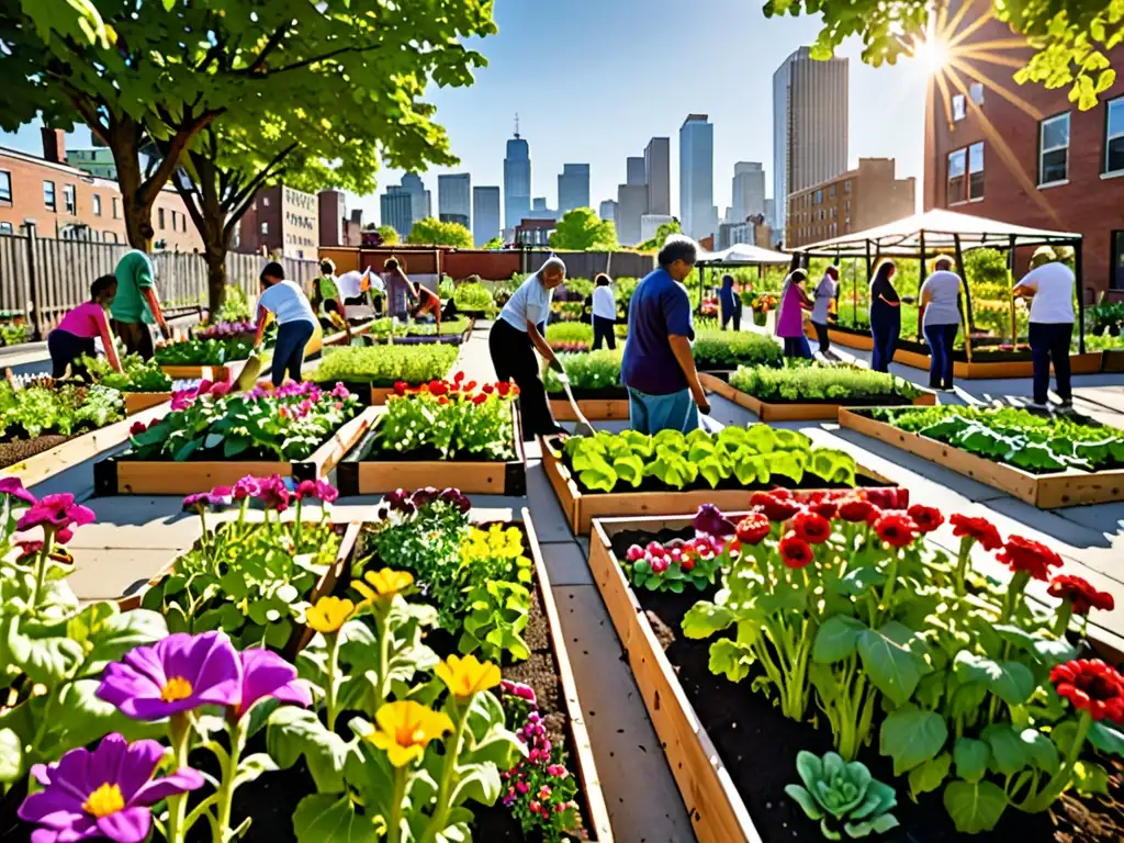 Una fotografía vibrante y con alta resolución de un bullicioso jardín comunitario, lleno de flores y verduras coloridas en plena floración