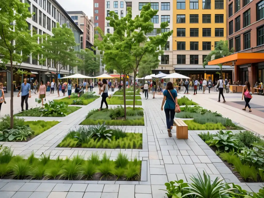 Plaza pública vibrante con armonía entre personas, naturaleza y planificación espacios públicos sostenibles