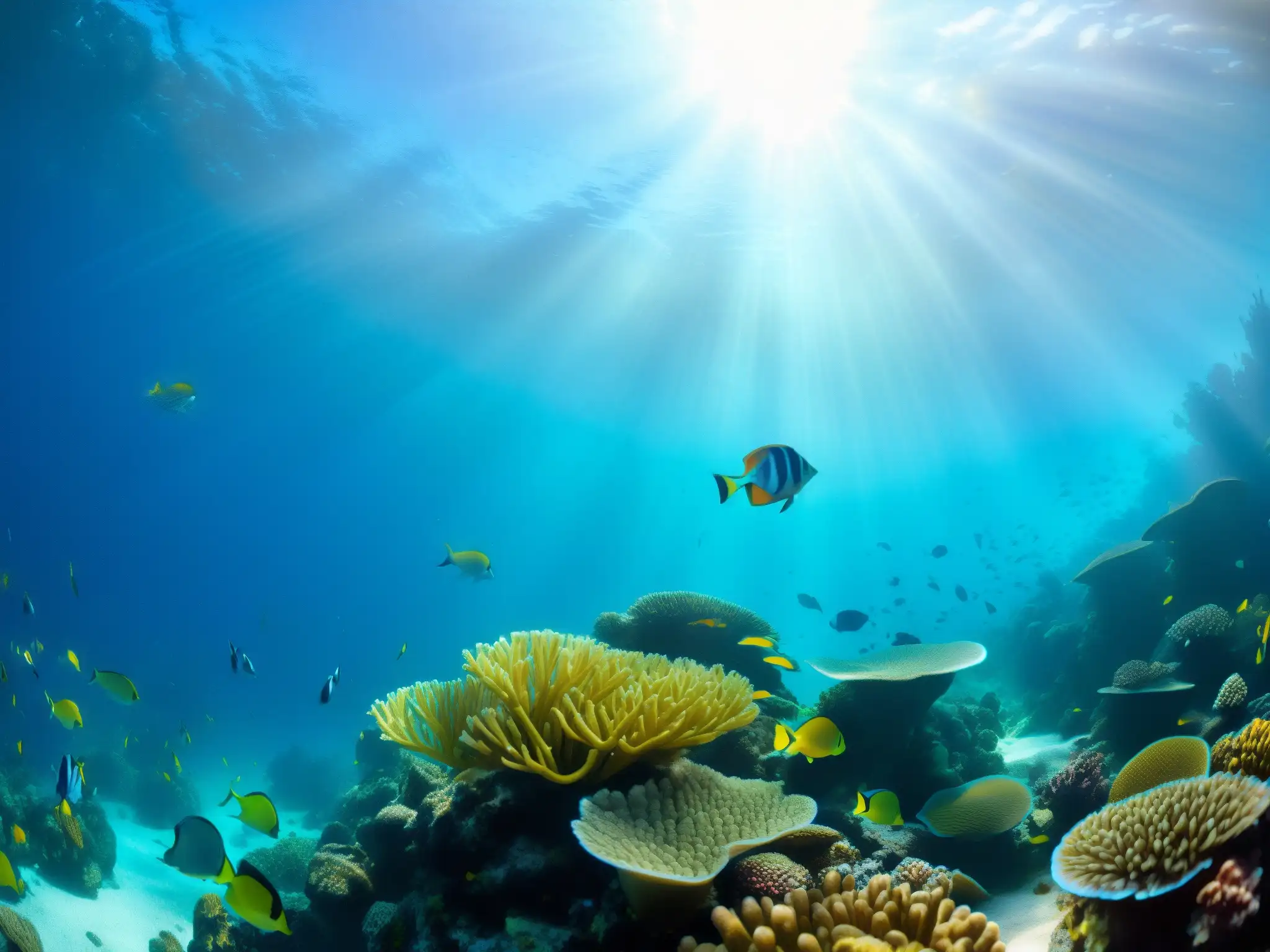 Un vibrante arrecife de coral bajo el agua, con peces coloridos