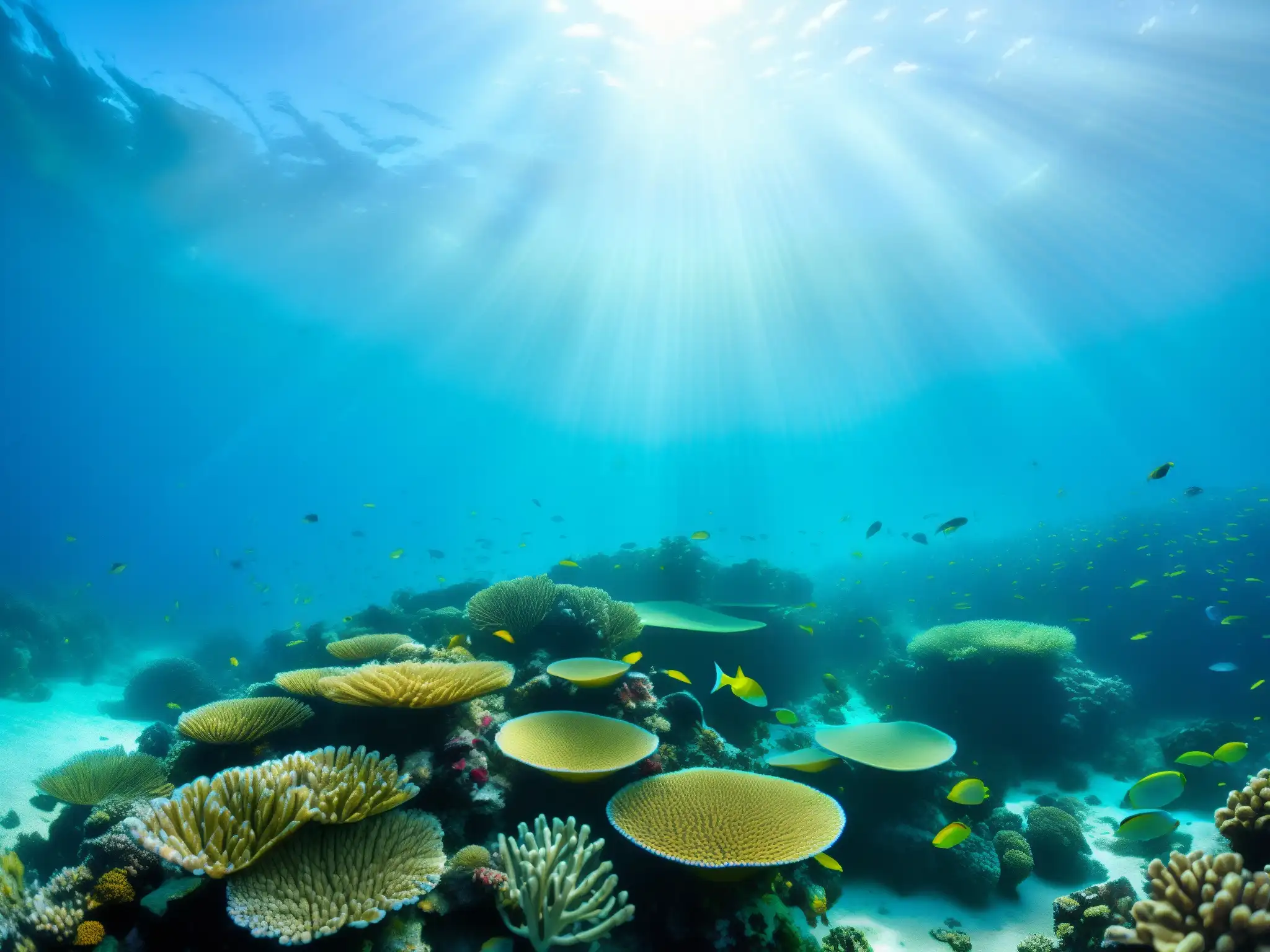 Un vibrante arrecife de coral bajo el agua, repleto de vida marina y coloridos peces