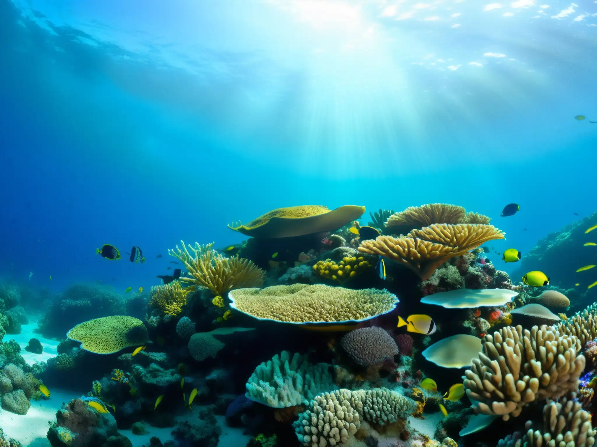 Vibrante arrecife de coral con diversa vida marina