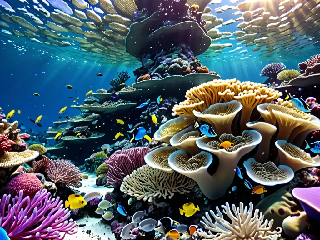 Vibrante arrecife de coral con diversa vida marina bajo el agua cristalina