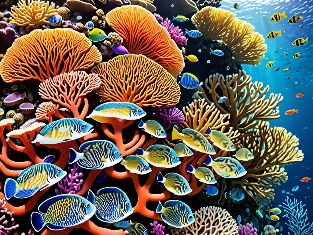 Un vibrante arrecife de coral, vida marina diversa y agua cristalina muestra la importancia de las políticas de conservación y la biotecnología marina