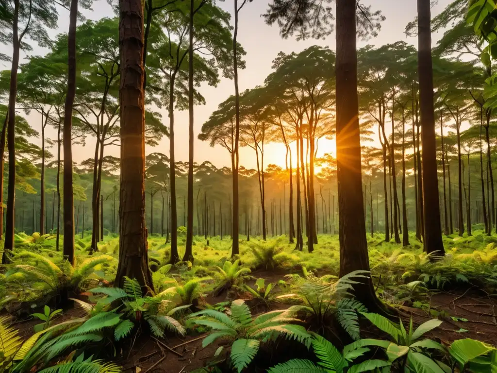 Vibrante atardecer en un frondoso bosque, resaltando la importancia de proteger la vida silvestre de la contaminación acústica