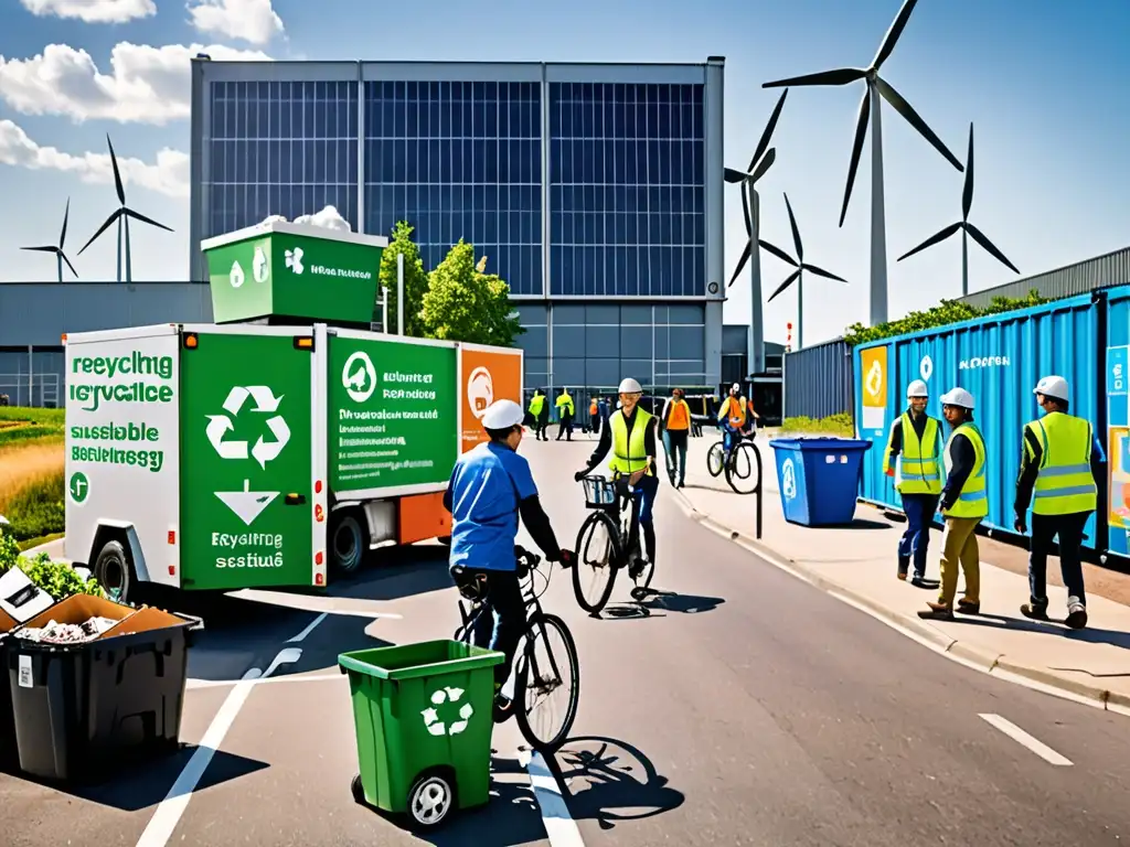 Vibrante calle de la ciudad con un centro de reciclaje y energía renovable, reflejando la legislación ambiental y transición energética