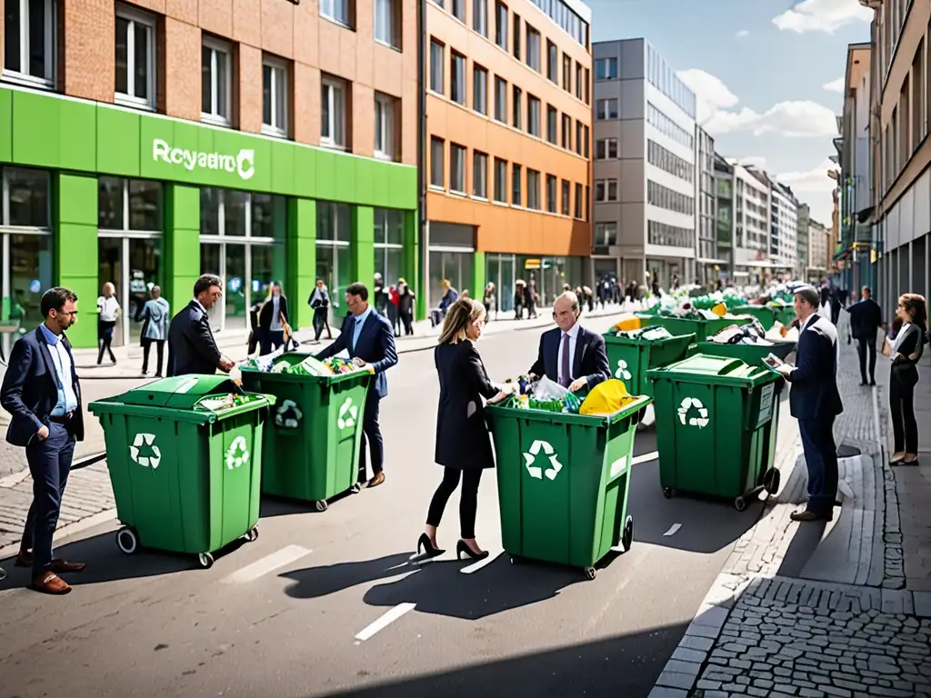 Vibrante calle de ciudad europea con centro de reciclaje moderno y activa discusión sobre legislación economía circular Europa