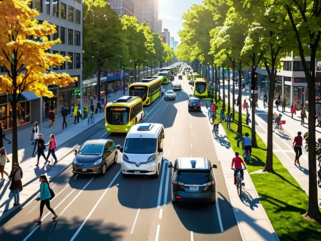 Vibrante calle de una ciudad llena de vehículos eléctricos, bicicletas y peatones, reflejando políticas de movilidad sostenible