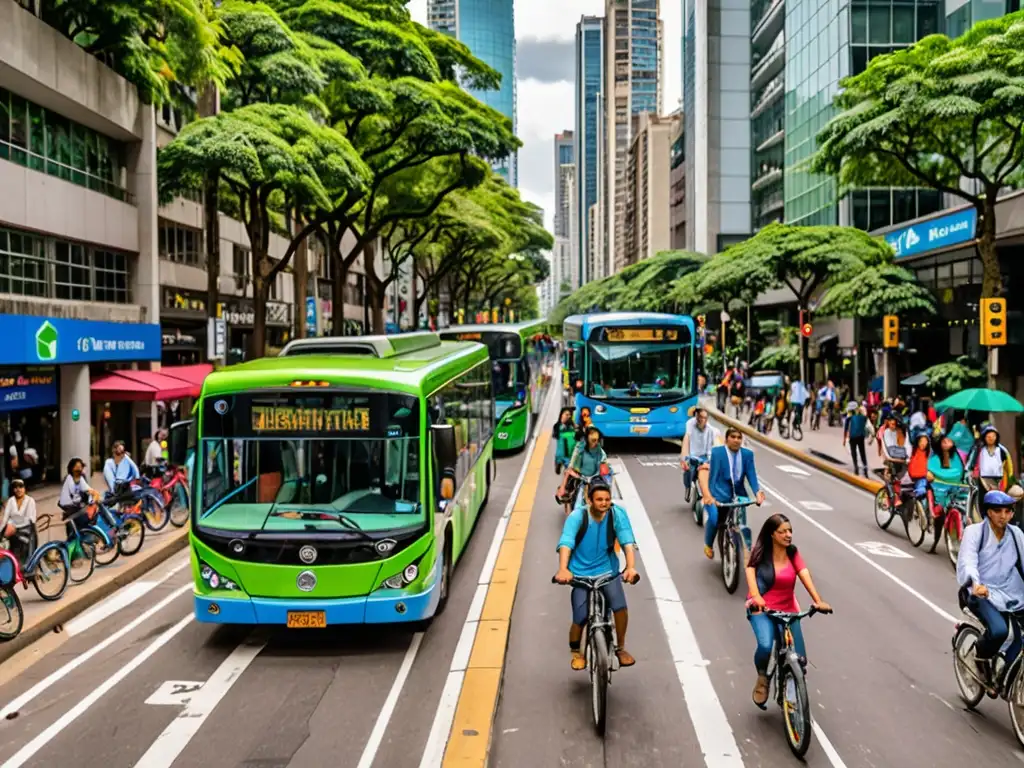 Vibrante calle de una ciudad sudamericana con transporte sostenible e iniciativas de movilidad ecoamigables