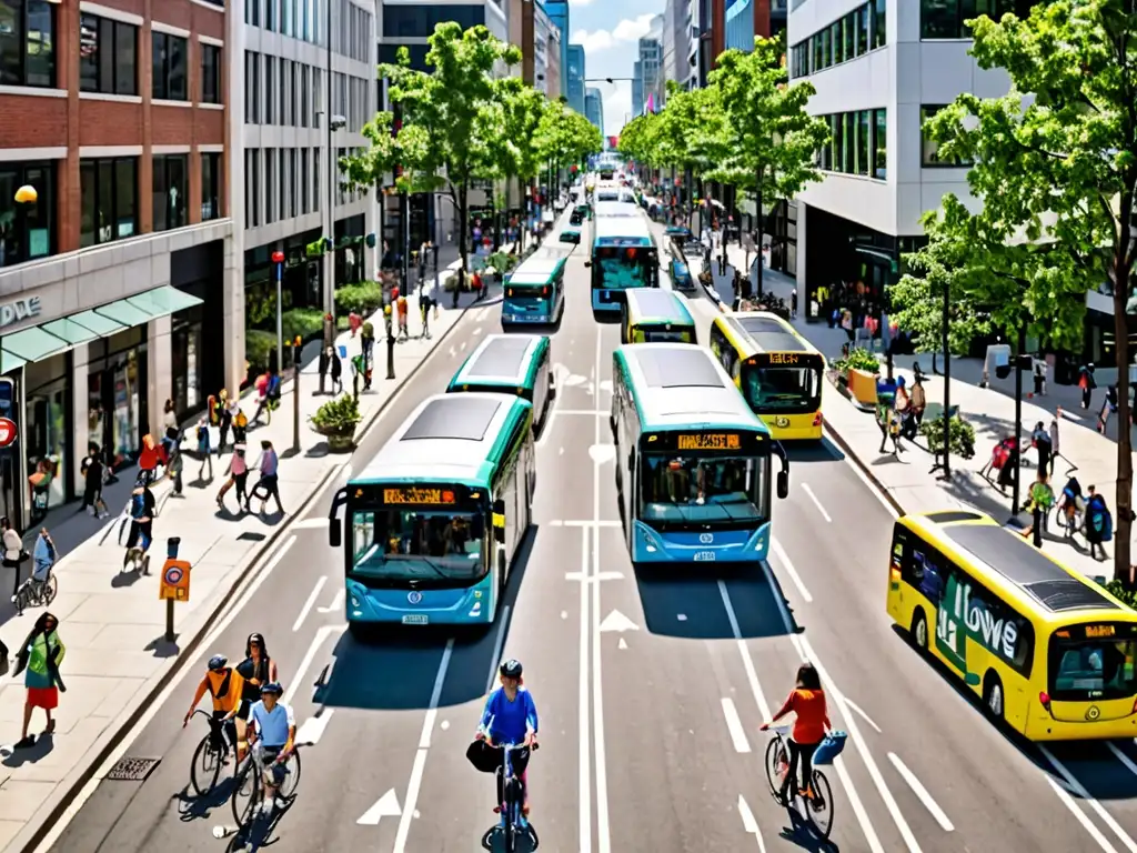 Vibrante calle de la ciudad con transporte sostenible y zona de baja emisión, mostrando beneficios económicos y ambientales