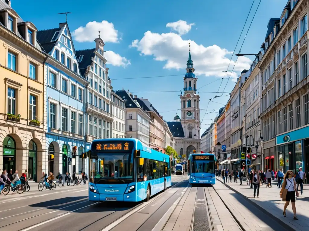 Contraste urbano: arquitectura histórica y transporte sostenible en Europa Vibrante calle europea con arquitectura histórica y modernos medios de transporte, reflejando la legislación ambiental europea calidad aire