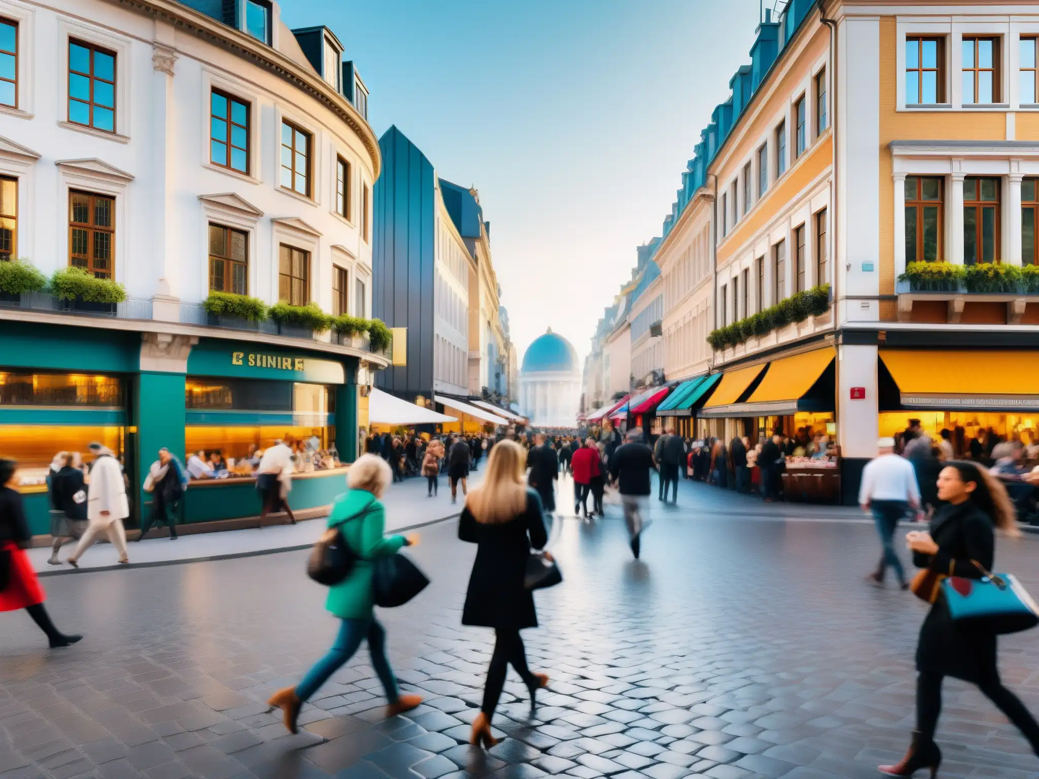 Una vibrante calle europea llena de vida urbana, con arquitectura moderna y edificios históricos