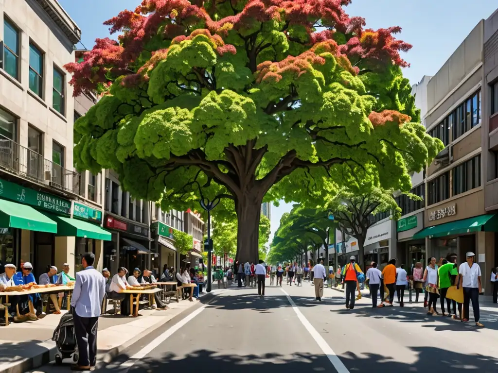 Vibrante calle urbana con árboles y diversidad, resaltando la importancia de las normativas arborización urbana legalidad