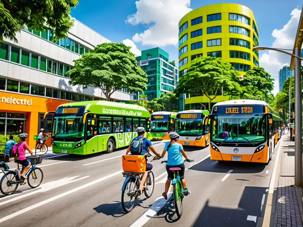 Vibrante calle urbana con buses eléctricos, ciclistas y edificios ecológicos