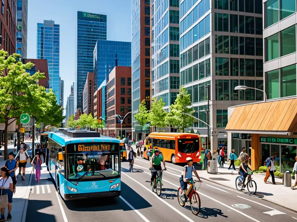 Vibrante calle urbana ecoamigable en la UE con buses eléctricos, ciclistas, peatones y edificios modernos sostenibles