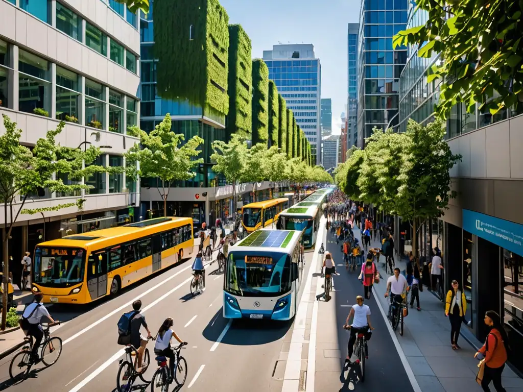 Vibrante calle urbana sostenible, con peatones, ciclistas y buses eléctricos en carriles exclusivos