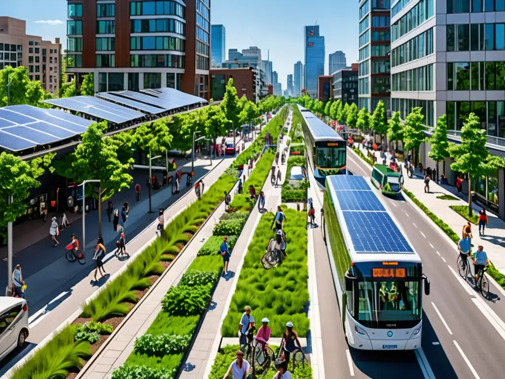 Vibrante calle urbana sostenible con peatones, ciclistas y buses eléctricos, rodeada de vegetación y energía renovable