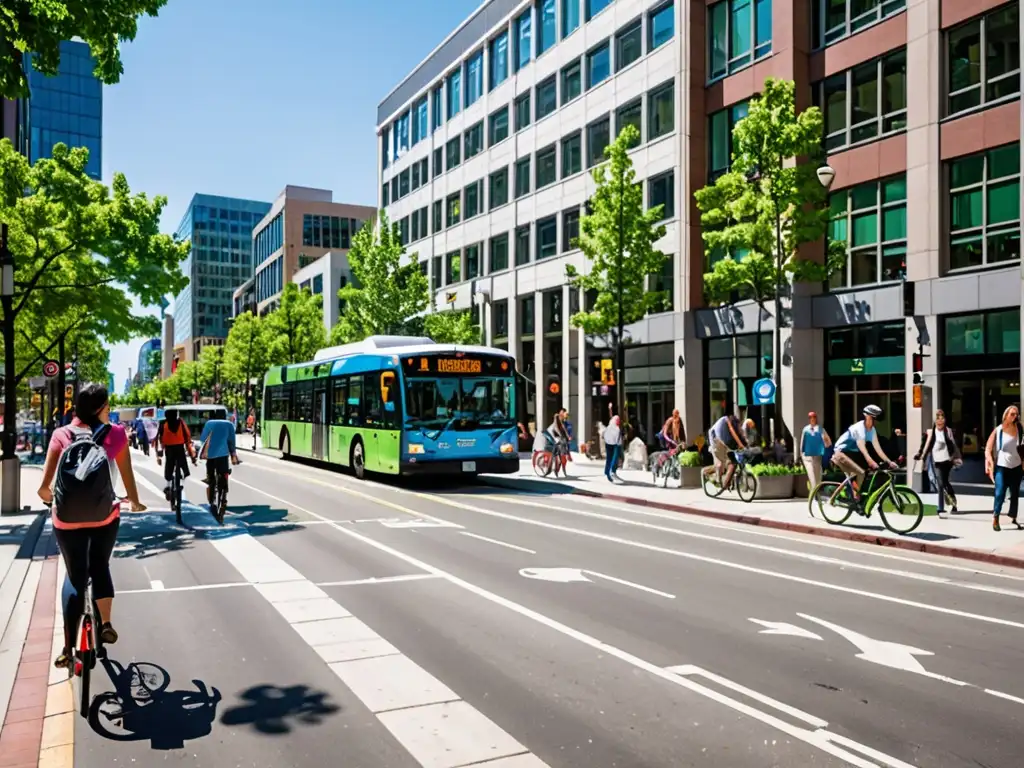 Vibrante calle urbana con transporte público sostenible y eficiente, incluyendo autobuses eléctricos, ciclistas y peatones en amplias aceras