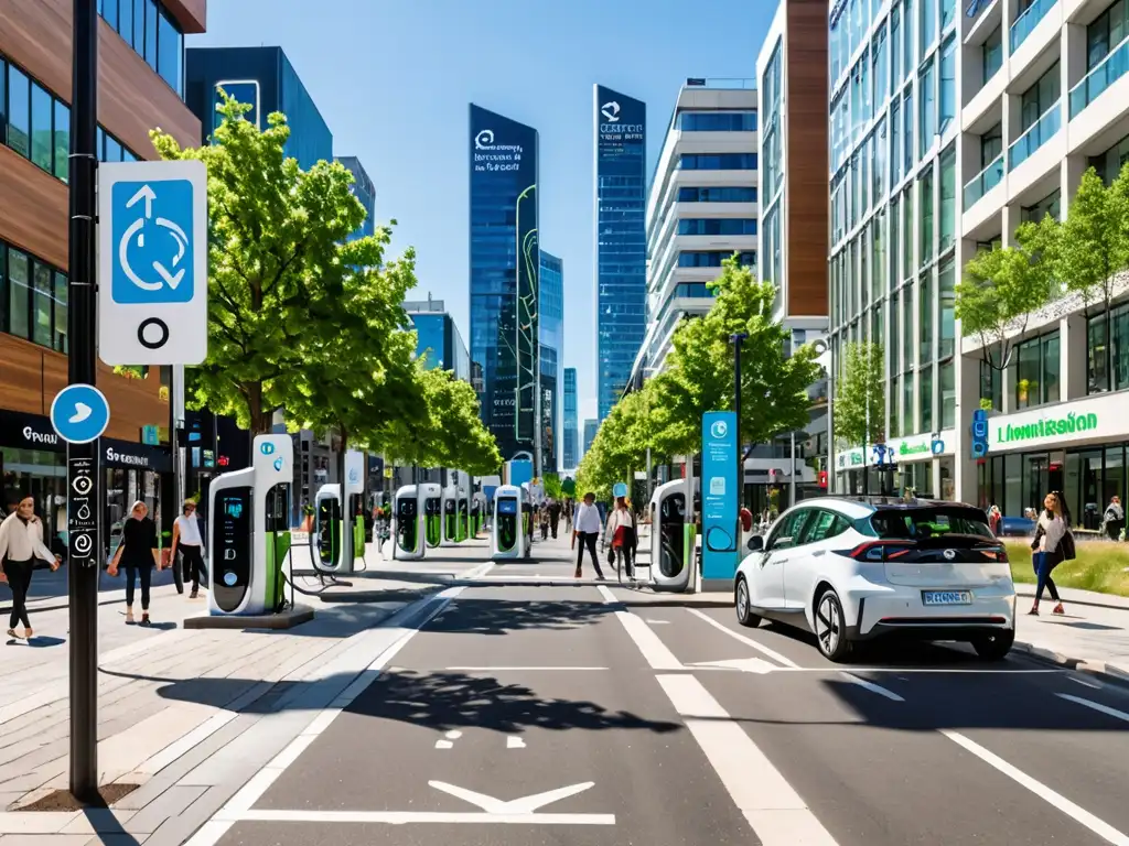 Vibrante calle urbana con vehículos eléctricos, peatones y zona de bajas emisiones, promoviendo una ciudad sostenible y eficaz en términos de emisiones