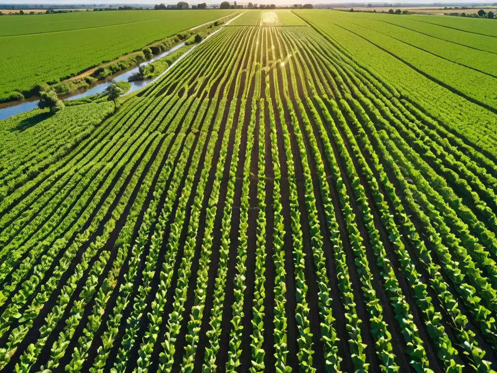 Vibrante campo agrícola con río sereno, agricultores trabajando