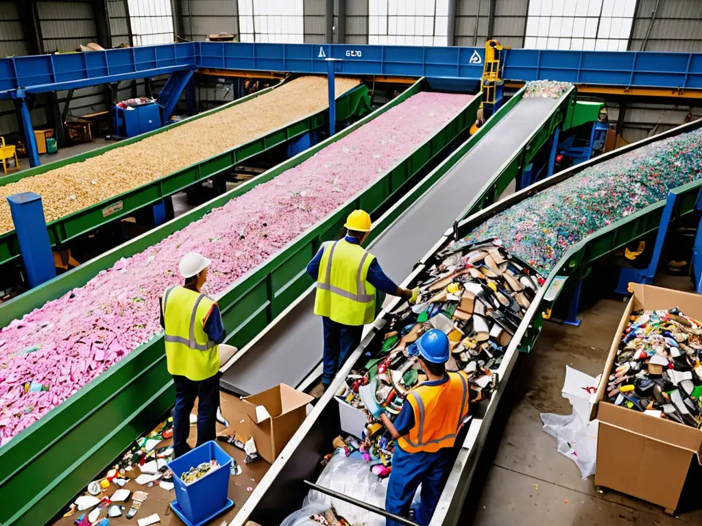 Vibrante centro de reciclaje con trabajadores y maquinaria, reflejando la interpretación de leyes de reciclaje en acción