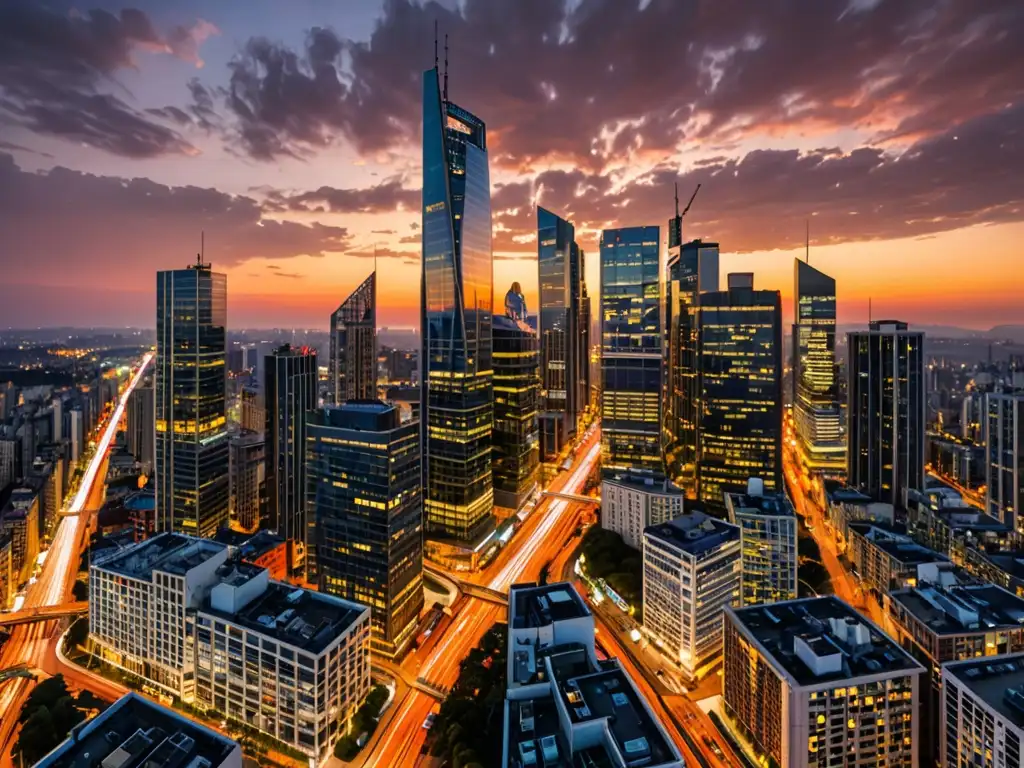 Vibrante ciudad al atardecer con edificios iluminados y calles, reflejando la vida urbana