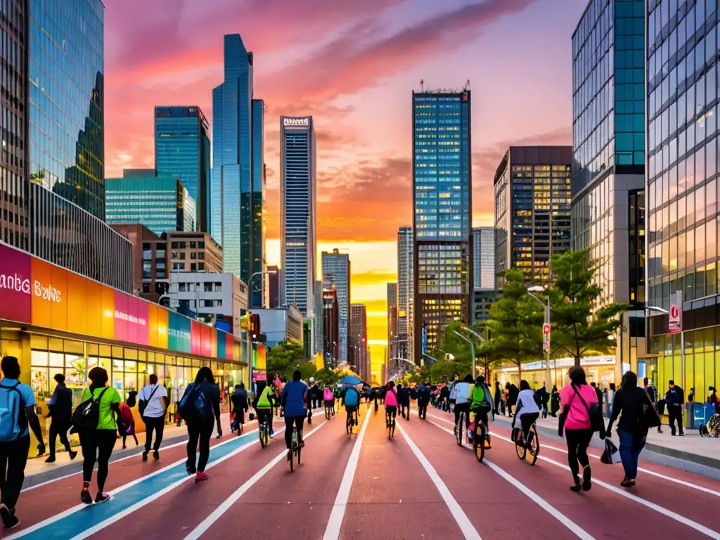 Vibrante ciudad al atardecer con rascacielos iluminados y actividades sostenibles