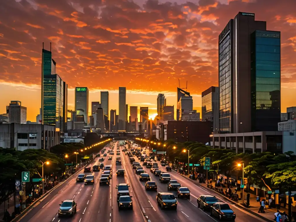 Vibrante ciudad al atardecer, destacando la urgencia del enfoque del derecho ambiental en cambio climático