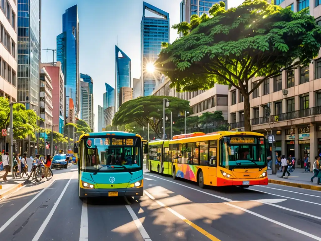 Vibrante ciudad latinoamericana con iniciativas transporte sostenible América, electric buses, bicicletas y peatones en amplias aceras arboladas