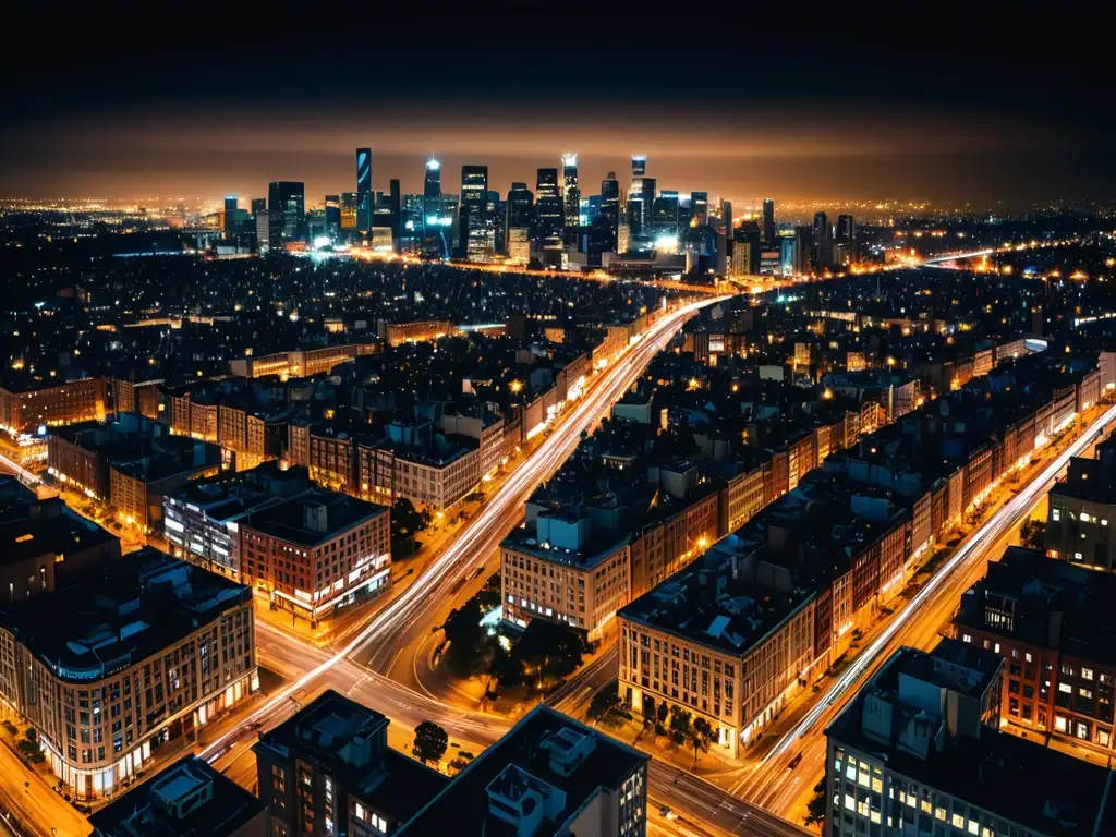 Vibrante ciudad nocturna con luces urbanas, destacando normativas de iluminación urbana eficiente