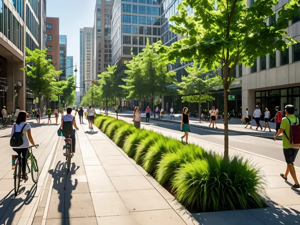 Vibrante ciudad con soluciones legales calidad aire urbano, integrando naturaleza y vida urbana en armonía