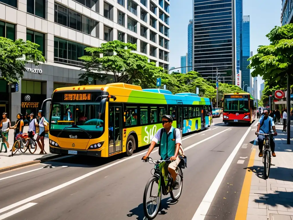 Vibrante ciudad sostenible: buses eléctricos, ciclistas y peatones en armonía bajo moderno rascacielos ecofriendly