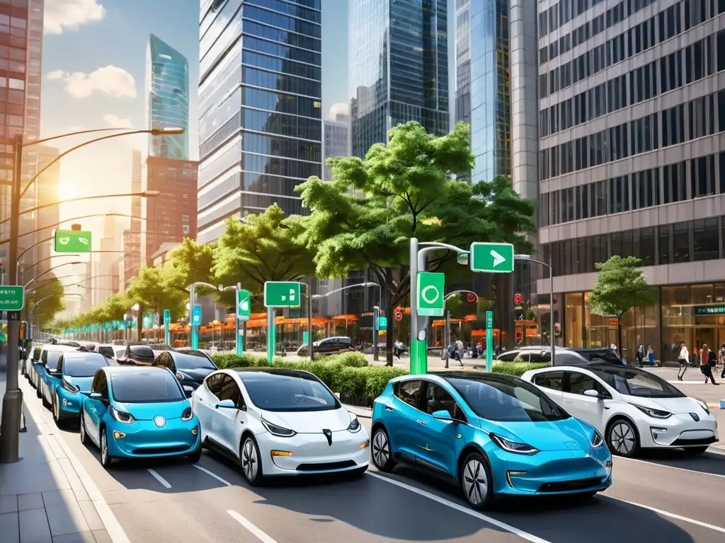 Vibrante ciudad con vehículos eléctricos en movimiento, mostrando el impacto ambiental de la regulación de autos eléctricos en entornos urbanos