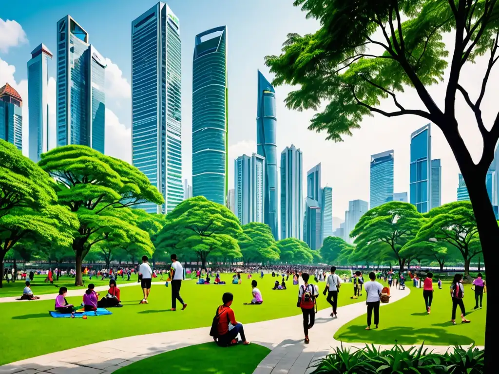 Un vibrante contraste entre la ciudad asiática y un parque verde, evocando la legislación de Economía Circular en Asia