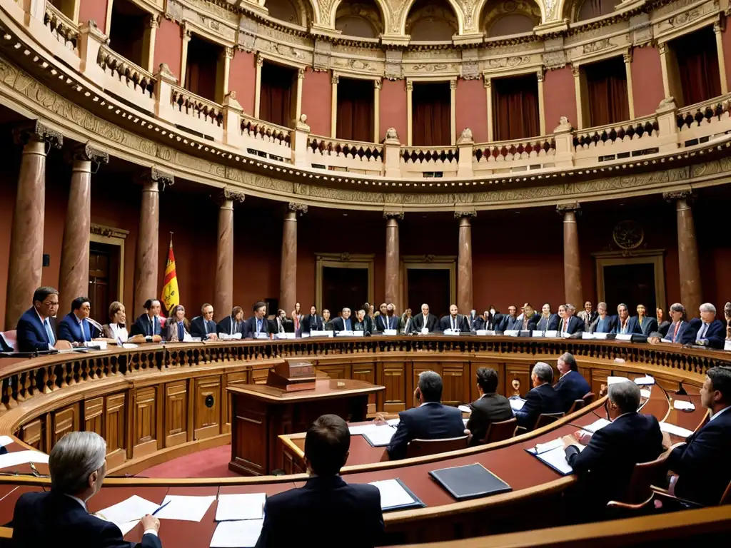 Vibrante debate sobre legislación de fondos para conservación ambiental en el parlamento español, con expresiones intensas y detalles detallados