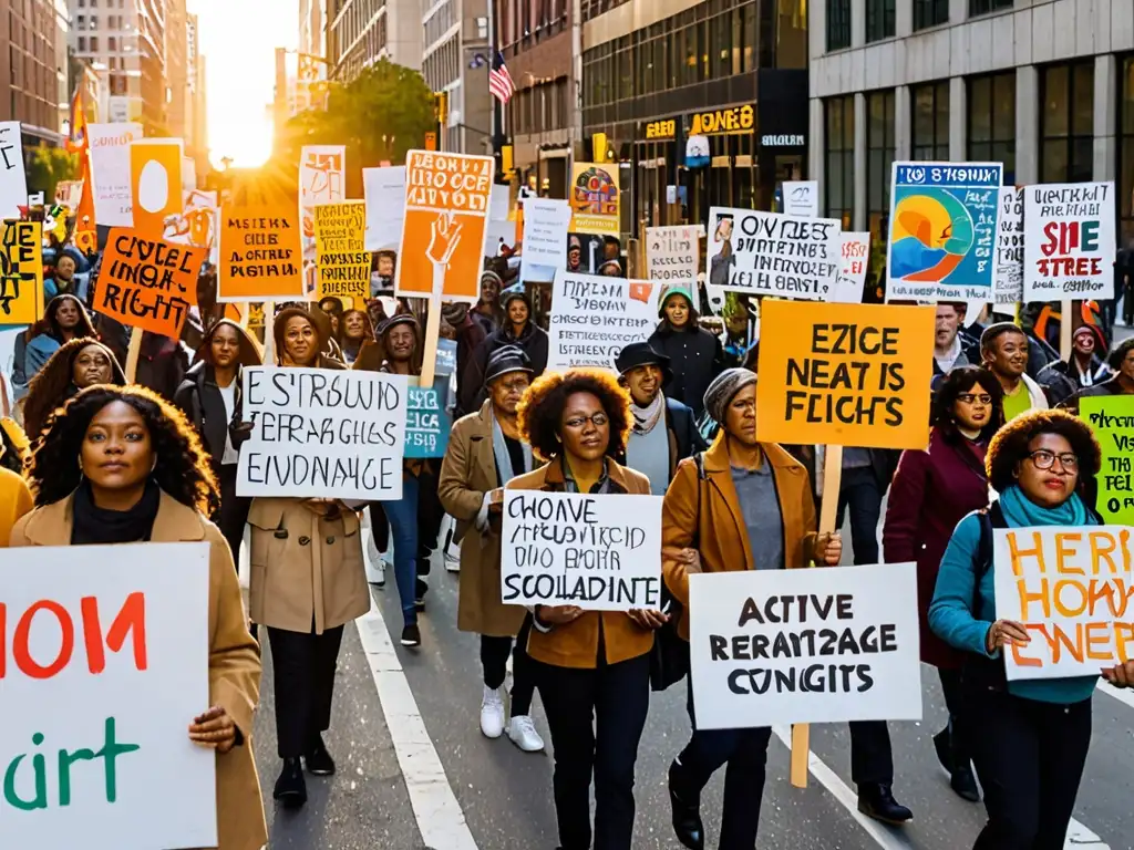 Un vibrante desfile de activistas marchando por la ciudad, con pancartas por la energía renovable y los derechos humanos