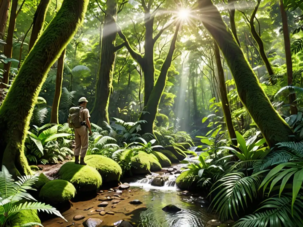 Vibrante bosque con diversa vida animal y vegetal, un arroyo serpenteante y un conservacionista estudiando la flora