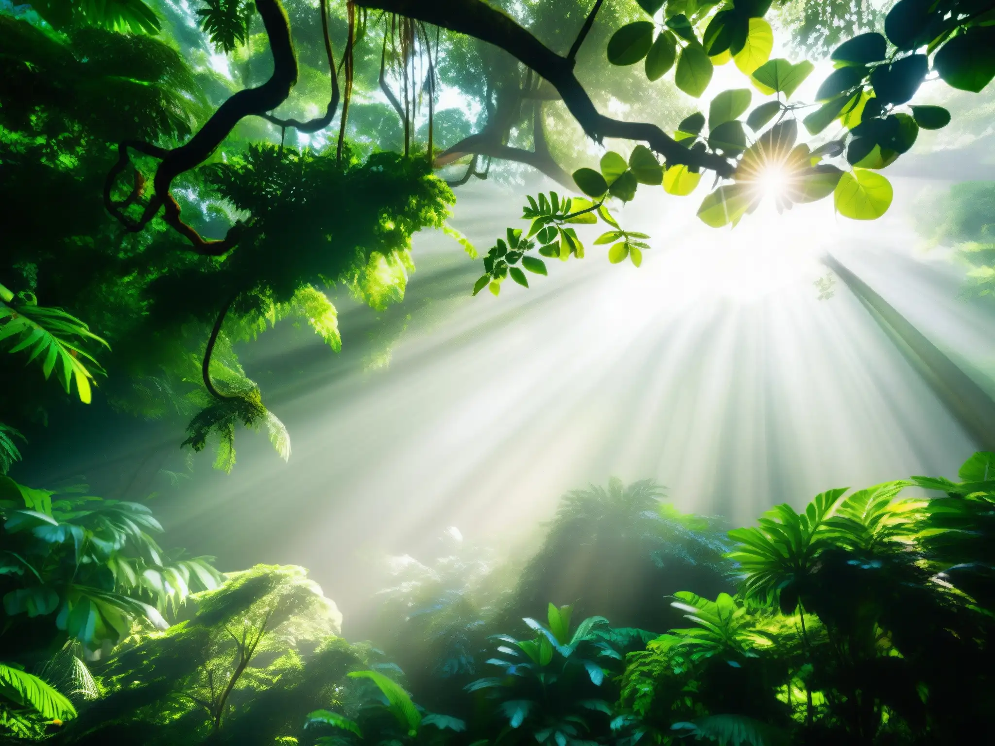 Vibrante biodiversidad en el dosel del bosque lluvioso, con aves exóticas y monos entre plantas tropicales